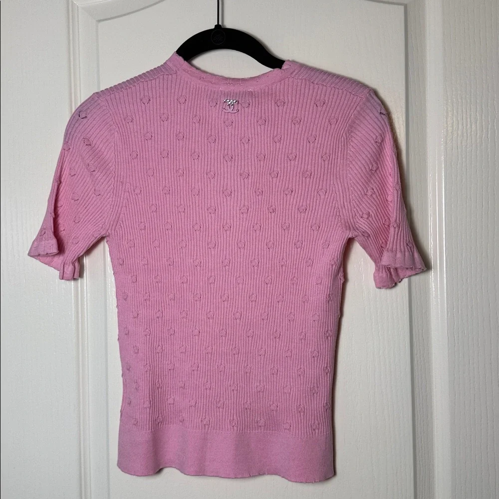 New CHANEL 25P BIG CC LOGO Pink Short Sleeve Pearls Top T Shirt Size 36